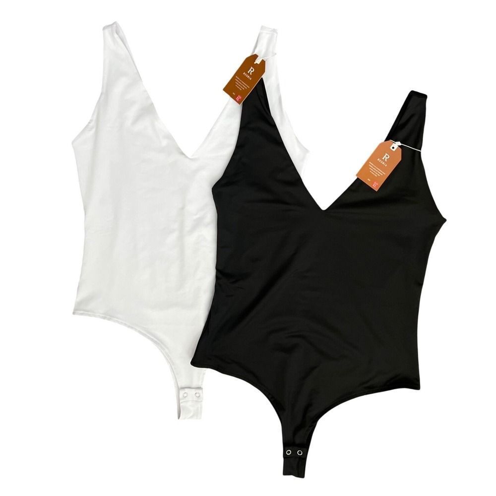 REORIA 2-Pack Black & White Deep V Neck Sleeveless Bodysuit Lot Women's Size XL